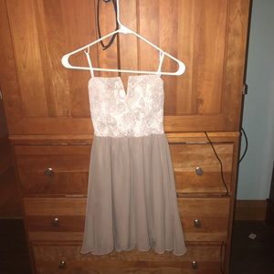 Tan and white strapless dress